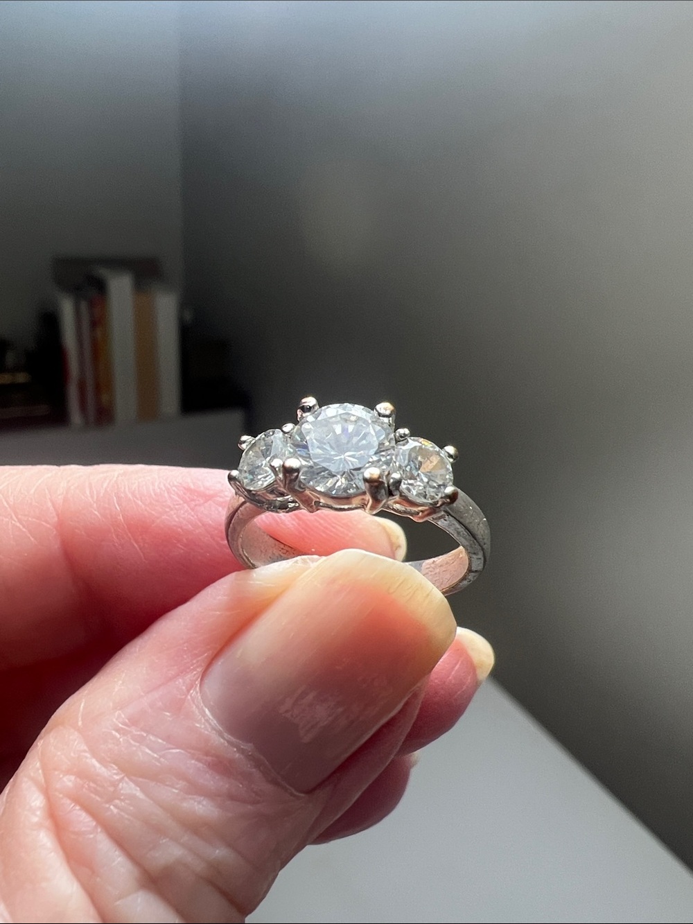 Classic Three-Stone Silver Tone Ring with Clear Stones - Vintage